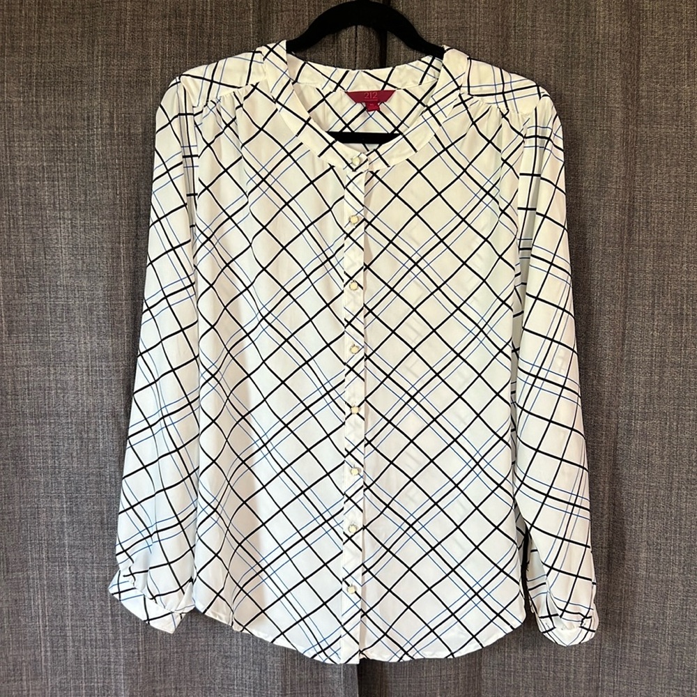 212 collection button down blouse white with black & blue diagonal plaid pattern